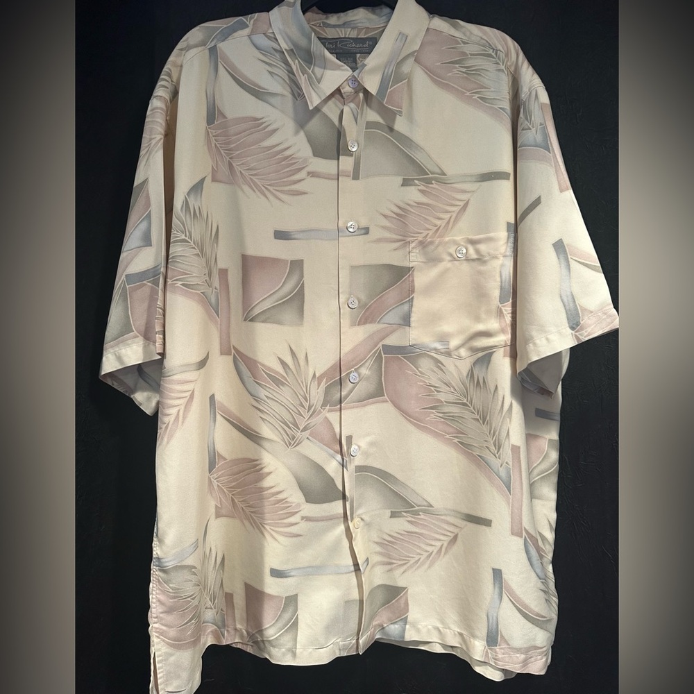 Tori Richard Silk Hawaiian Camp Shirt Mens Sz XL Beige Abstract Floral